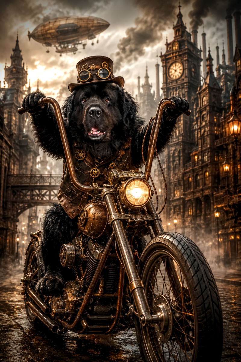 Steampunk Newfoundlander op Koperen Chopper