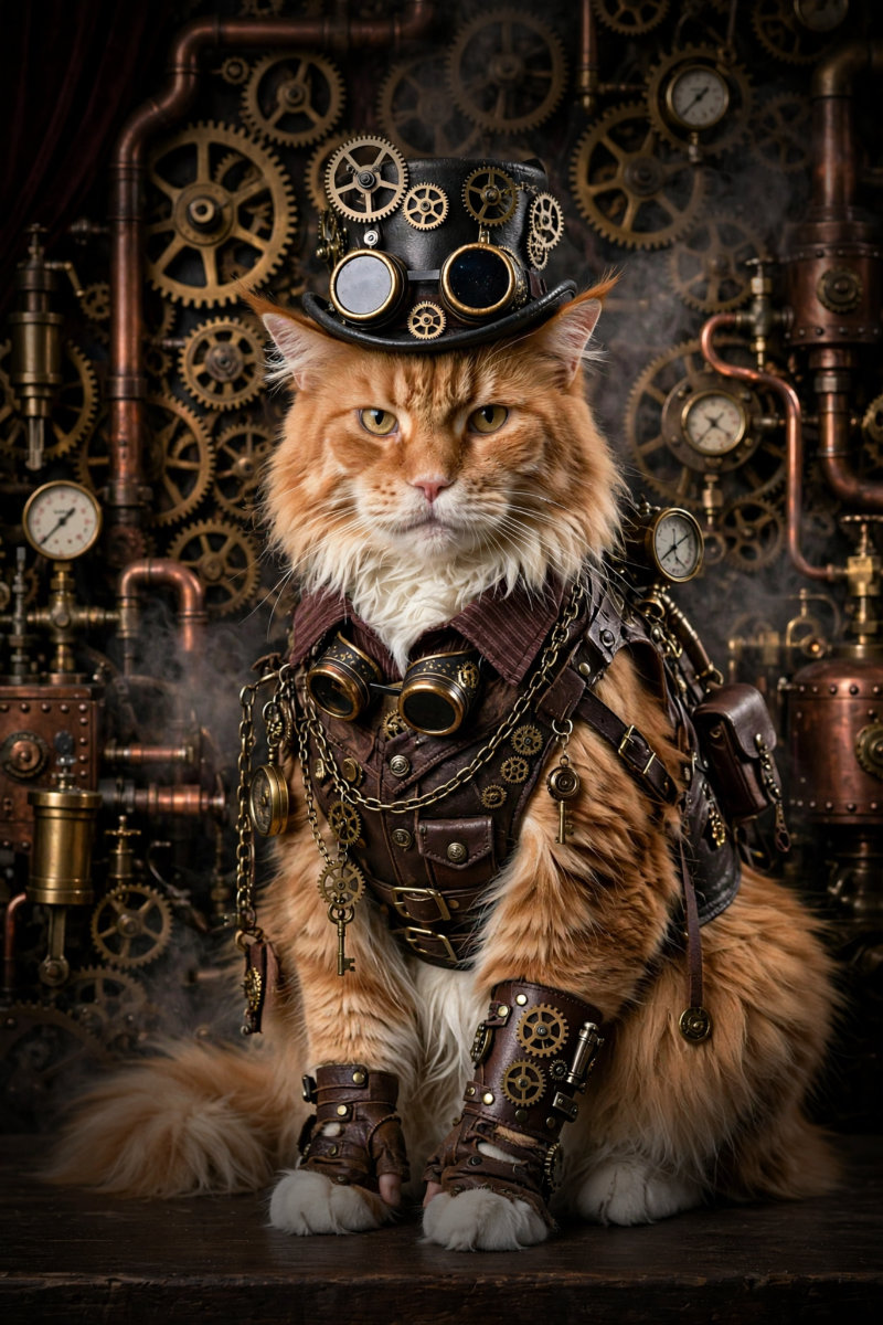 Maine Coon als de Steampunk Meester.
