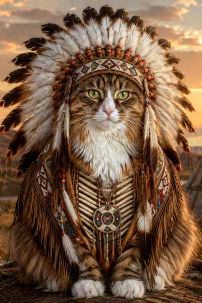 Stoere Maine Coon Kat als Indiaans Stamhoofd met Verentooi